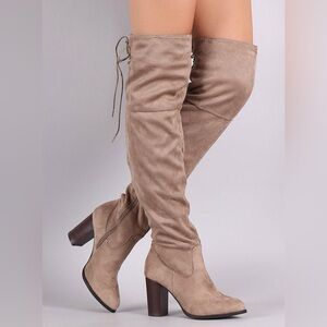 Chic Over-the-Knee Tan Boots Stretch Faux Suede Size 11 Block Heel